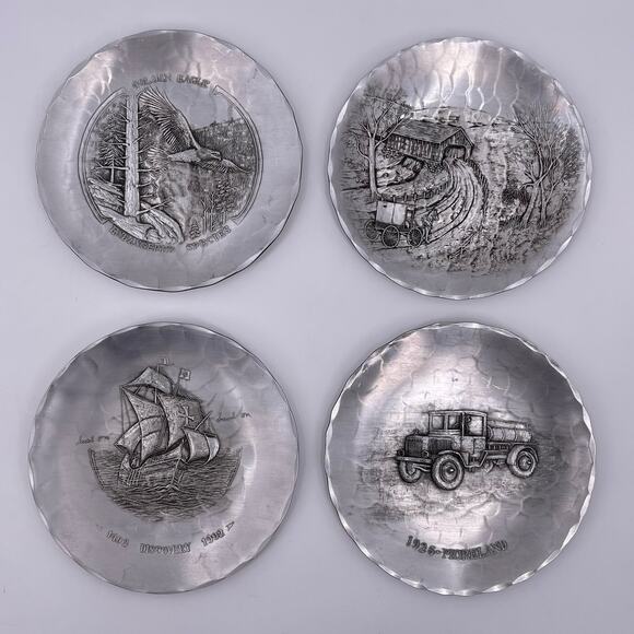 4 Hammered Plates Aluminum Decorative Sailboat Eagle Horse Carriage Moreland - Picture 1 of 14